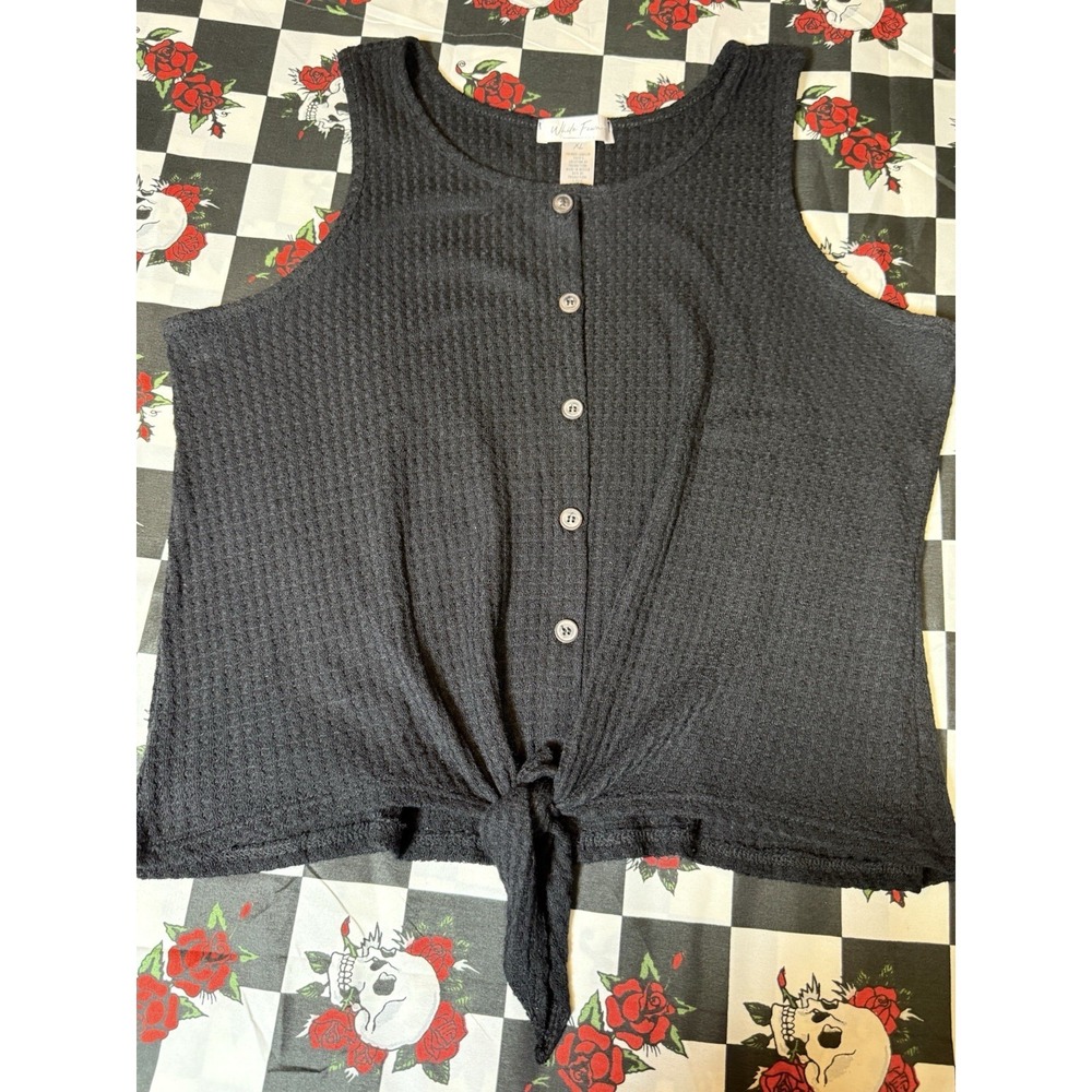 White Fawn Black Sleeveless Button‎ Front Tie Tank Top XL